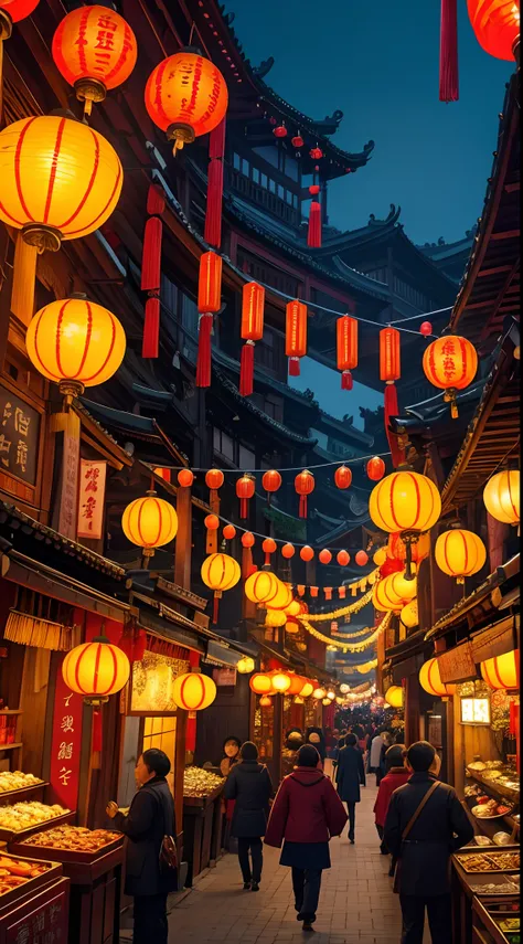 Ancient Market, Vibrant lanterns,, Traditional Chinese architecture, Beautifully decorated stalls, A wide variety of products, Moonlit Night, No one went to the streets，Festive atmosphere, nostalgic appeal, Aromatic food stalls, Flashing candles, Amazing c...