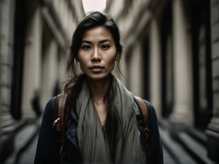 analog style, model photography style, RAW portrait of a young asian woman tourist with a backpack walking on th streets of Paris, admiring historic architecture, best quality, epic (by photo by Lee Jeffries, sony a7, 50 mm , pores: 1.5, colors, hyperdetai...