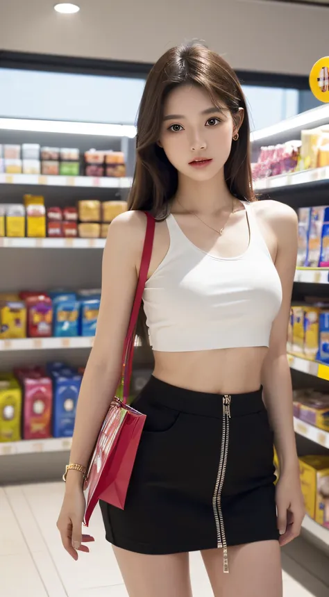 (highres,8k,best quality,ultra-detailed,hyperrealistic:1.2),1young girl in a convenience store, wearing a fashionable mini skirt, a trendy crop top and stylish heels, with a supermodel body and measurements. The girl has meticulously detailed beautiful eye...