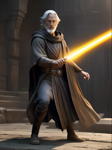 Fast-paxed action shot of an old Jedi, in the style of Mark Brooks, photorealistic scenes, detailed comic book art, epic, rtx on, daz3d, animated illustrations, digital arts techniques, intense full body.