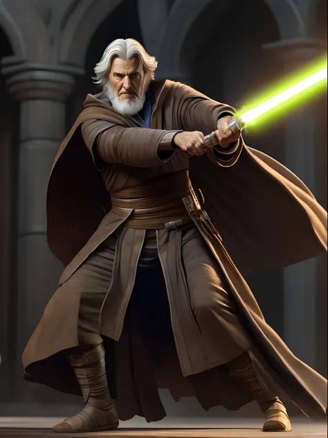 Fast-paxed action shot of an old Jedi, in the style of Mark Brooks, photorealistic scenes, detailed comic book art, epic, rtx on, daz3d, animated illustrations, digital arts techniques, intense full body.