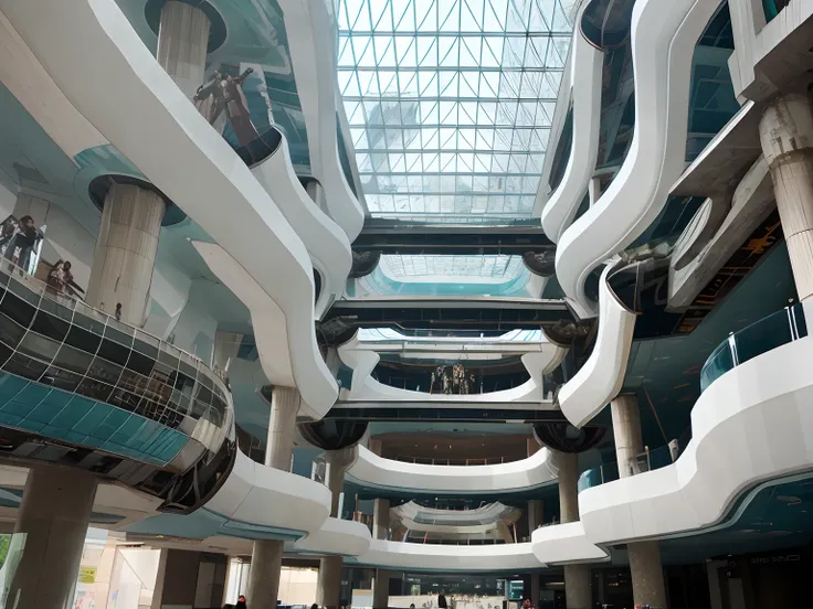 there is a large atrium with a glass ceiling and a lot of people, on a futuristic shopping mall, atrium, abandoned shopping mall...