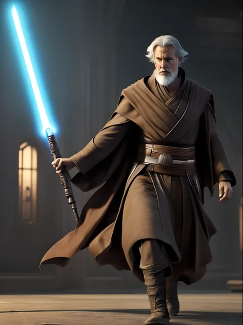 Fast-paxed action shot of an old Jedi, in the style of Mark Brooks, photorealistic scenes, detailed comic book art, epic, rtx on, daz3d, animated illustrations, digital arts techniques, intense full body.