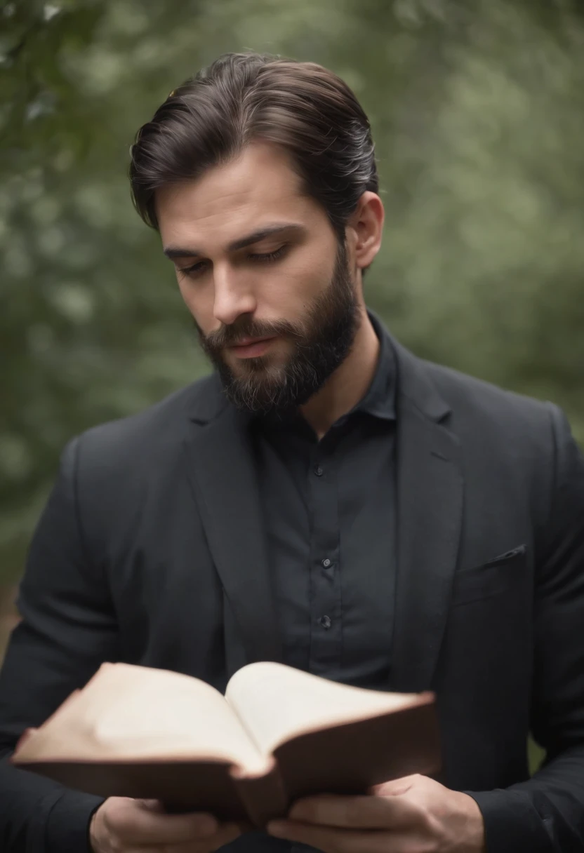 Homem de terno , barba linda , cara de raiva, terno preto, sinistro, segurando um livro.