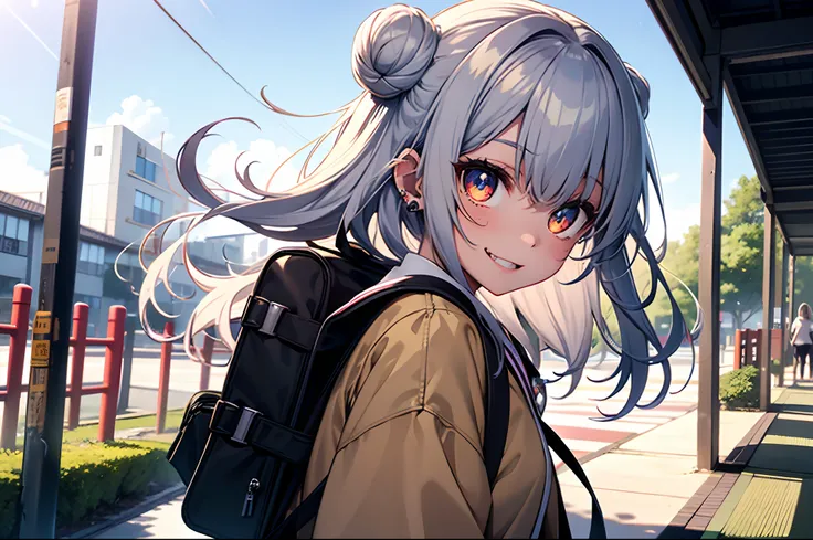 tear-mole，A vibrant traditional Japanese campus building，The light is soft and bright，Cute high school girl，solo person，thick eyebrow，Glowing eyes，long eyelasher，beautiful pupil，Exquisite facial features，tilts your head}，Fang，Toothy smile，Silver hair flutt...