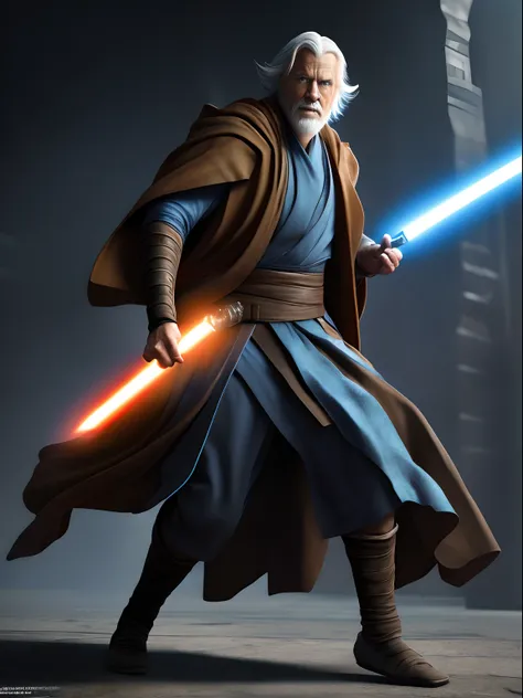 Fast-paxed action shot of an old Jedi, in the style of Mark Brooks, photorealistic scenes, detailed comic book art, epic, rtx on, daz3d, animated illustrations, digital arts techniques, intense full body.