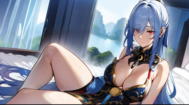 2D, HD, Detailed details, Detailed landscapes, beautiful lights, Beautiful Shadows, top-quality, Highly detailed, masterpiece, best quality, solo, 1girl, JingliuV5, red eyes, long hair, looking at the viewer, anime-styled, (large breasts), close mouth, hew...