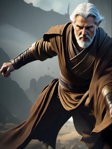 Fast-paxed action shot of an old Jedi, in the style of Mark Brooks, photorealistic scenes, detailed comic book art, epic, rtx on, daz3d, animated illustrations, digital arts techniques, intense full body.