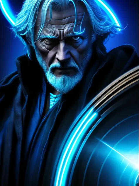 Blue neon concentric rings action shot of an old Jedi, in the style of Mark Brooks, photorealistic scenes.