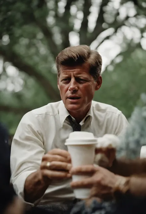 john f kennedy wearing drippy clothes with a big chain. and he has a styrofoam cup of lean