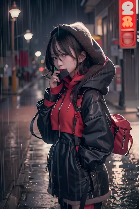 A Young Woman，Asians，black color hair，with brown eye，Wear a red hoodie, On a rain-soaked street at night