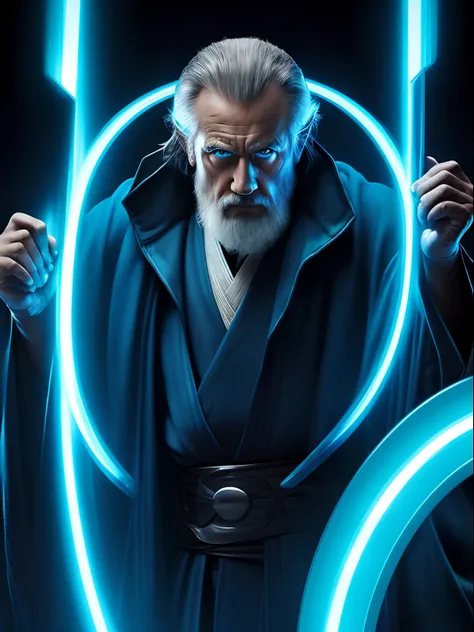 Blue neon concentric rings action shot of an old Jedi, in the style of Mark Brooks, photorealistic scenes.