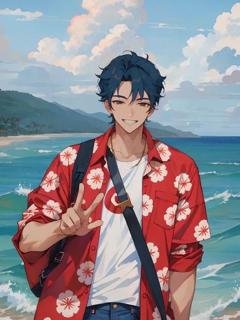 (Masterpiece, Bestquality) 1 Handsome anime boy doing a peace sign, smiling at the front of the viewer, Sky, Sea, clouds, Red Hawaiian Shirt, Jeans