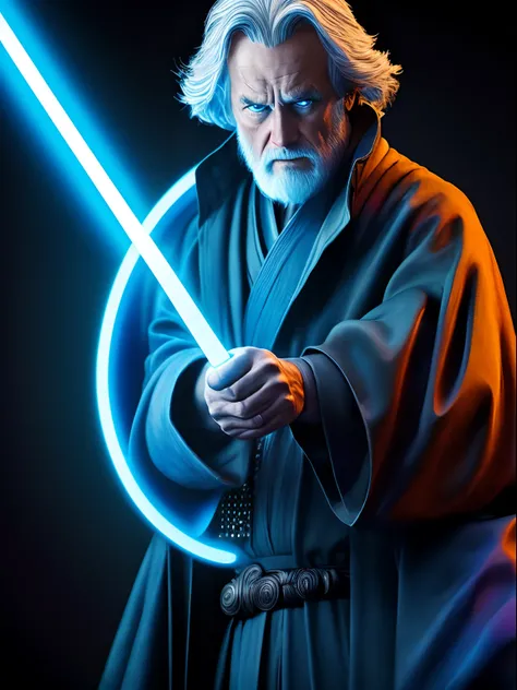 Blue neon concentric rings action shot of an old Jedi, in the style of Mark Brooks, photorealistic scenes.