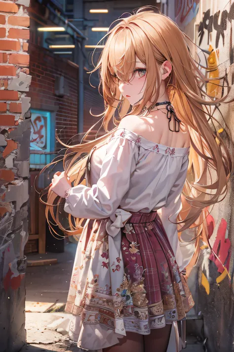 ultra realistic 8k cg, masterpiece, ((ultra detailed background, delicate pattern, intricate detail)), best quality, intricate details, chromatic aberration, 1girl, long hair, golden hair, messy hair, red highlights, hair over one eye, sharp eyes, choker, ...