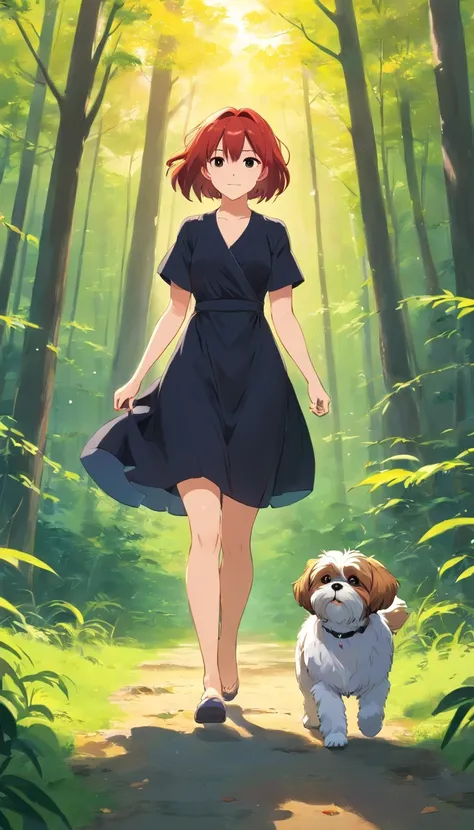 tutora e sua shih tzu passeando no bosque, The owner is redhead is wearing a black dress