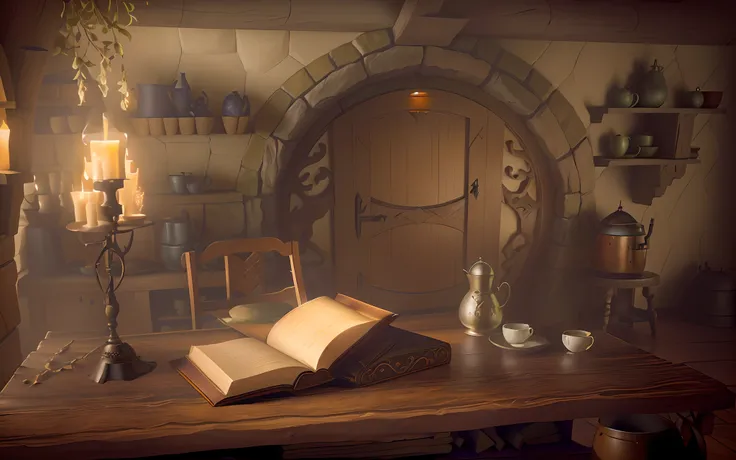 there is a book and a cup of coffee on a table, interior of a hobbit hole, storybook wide shot :: hd, in his hobbit home, detailed cinematic render, realistic fantasy render, brewing potion in witch hut, fantasy bakery interior setting, beautiful render of...