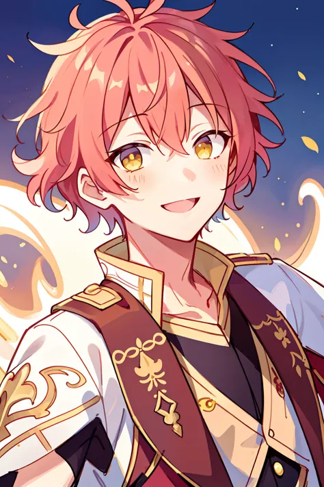 (high-quality, breathtaking),(expressive eyes, perfect face), 1boy, male, solo, short, young boy, curly peach pink hair, yellow eyes, smile, fantasy outfit, fantasy background