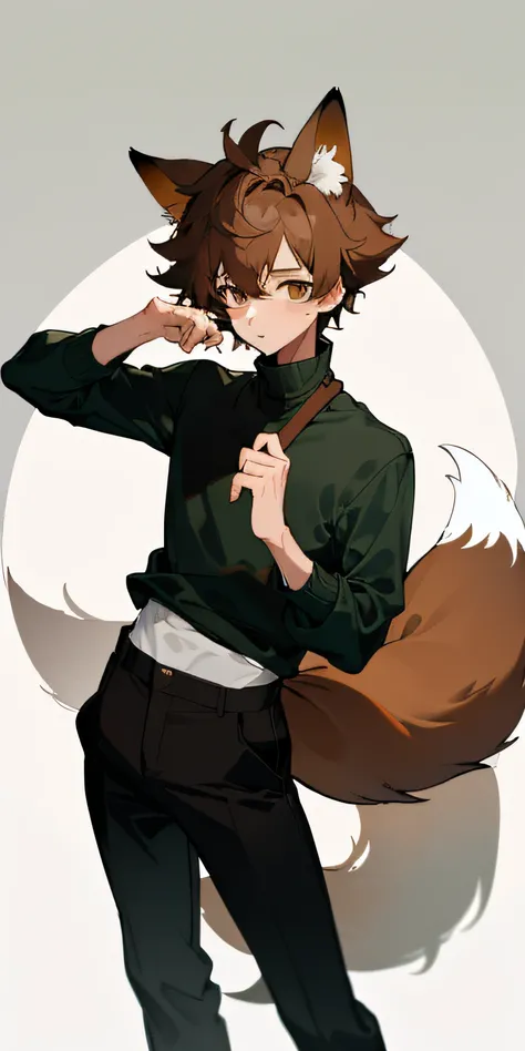 (masterpiece, best quality), 1boy, brown messy hair, brown eyes, fox ears, fox tail, green turtleneck, black pants