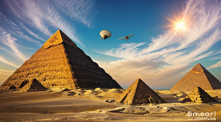 Realistic image, Egito Antigo, Biblical times, Show Saucer Flying Above Pyramid, mostrar uma pedra quadrada flutuando abaixo da nave, pyramids of gisé, muitos servidores trabalhando, claro, brilhante, imagem cintilante.