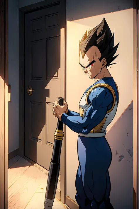 ((masterpiece)), High Quality, Vegeta, Wearing Saiyan armor, Blue armor, Standing at the doorway, doorbell cam scene, looking at camera, Holding a baseball bat, late night, eerie scene, Dark vibe, Perfect detail