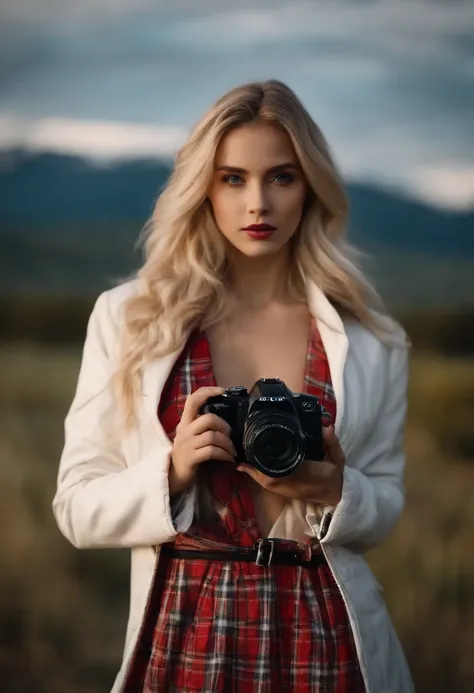 Masterpiece, High quality, Young girl, Holding a checked long dress, digital camera, White jacket, Blonde, Facing forward, looking at the camera in, full bodyesbian, center of screen