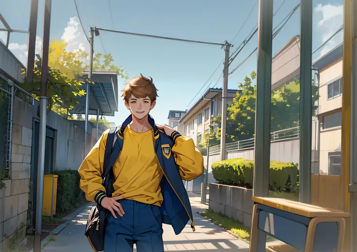 An happy, gentle and tender boy caucasian student about 15 years old in school uniform, Yellow T-shirt and blue long pants in the classroom