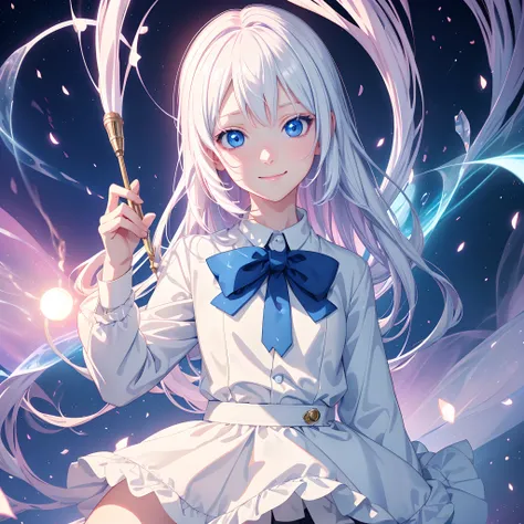 1girl,Albino, blue eyes, sweet smile, wearing elementary school clothes, 18 years old, (( anime style, beautiful lighting, ultra graphics, ultra HD, 8k image quality ))