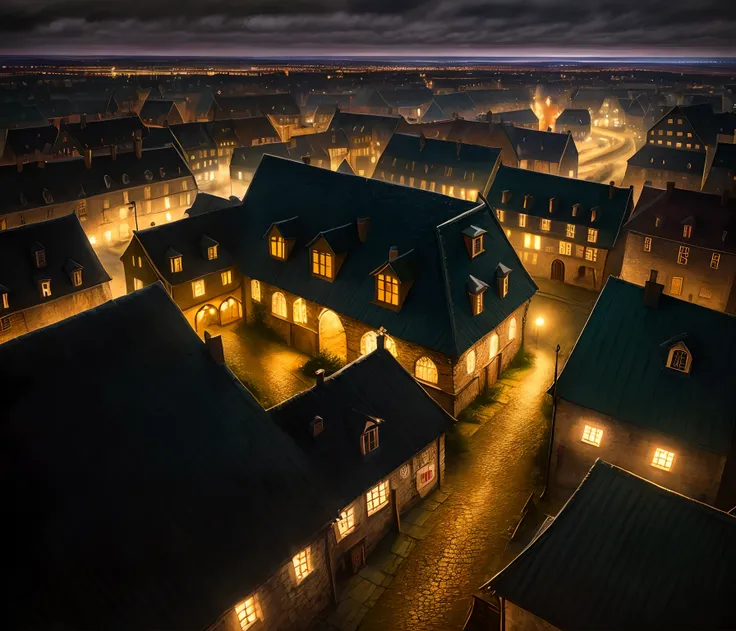 Medieval town in a dark and gloomy night