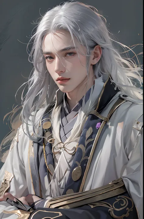 photorealistic, high resolution, 1boy, solo, super model handsome,1.1, hips up, look at viewer, (detailed face), gray white hair, long hair, Taoist robe,oversized clothes