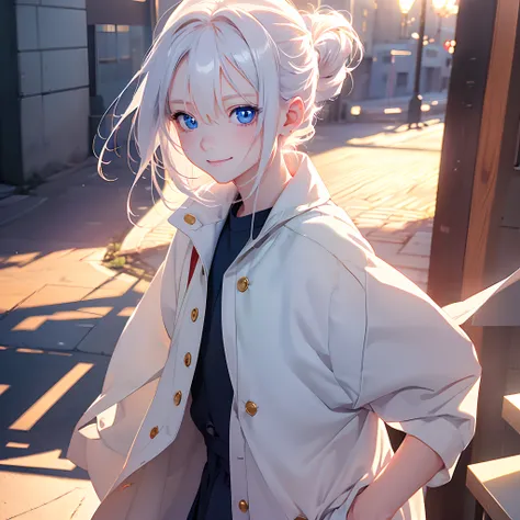 1girl,Albino, blue eyes, sweet smile, wearing elementary school clothes, 18 years old, (( anime style, beautiful lighting, ultra graphics, ultra HD, 8k image quality ))