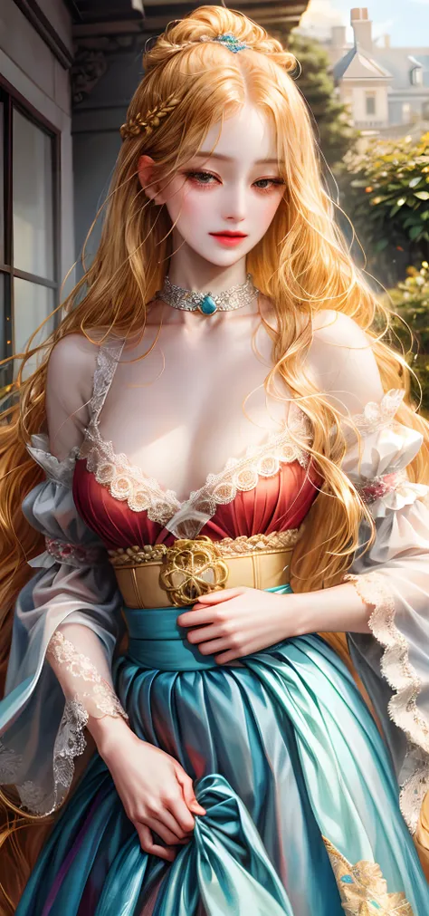 （absurderes，A high resolution，ultra - detailed），1girl，独奏，mature，（Very long hair，blond hairbl），Baroque style，choker necklace，long  skirt，longer sleeves，ellegance，Colorful，Most detailed，The upper part of the body，exteriors，trpical garden，extremely large boso...