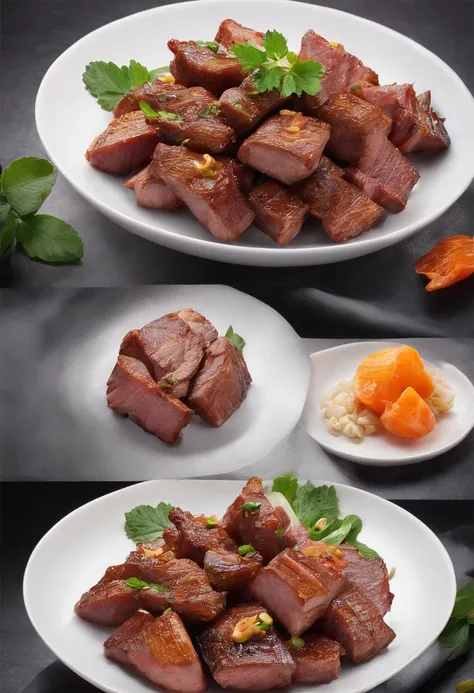 (Best quality:1.2, masterpice:1.2), vibrant, Realistic, Dramatic and dark 8K photos:1.37, ((meat)) Chinese cuisine, nature backdrop