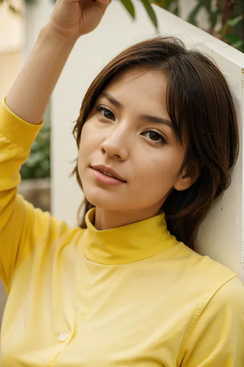 portrait shot of a woman,yellow shirt,potograph Extreme high-angle shot: Bright and vibrant:Canon EOS R6 with Canon EF 16-35mm f/2.8L III USM lens