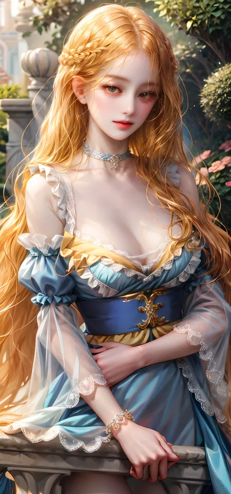 （absurderes，A high resolution，ultra - detailed），1girll，独奏，mature，（Very long hair，blond hairbl），Baroque style，choker necklace，Transparent apron，longer sleeves，ellegance，Colorful，Most detailed，The upper part of the body，exteriors，trpical garden，extremely lar...