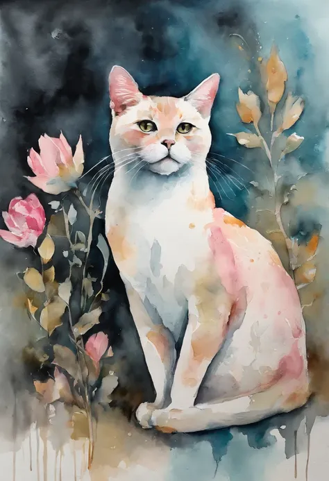 Cats, Main color Black, Secondary color cyan, Pastel pink background, artistic, Sophisticated, Warm style, Shapes include abstract cats, Playful forms, Elegant piece, Textures include fur textures, Smooth paint, Fabric texture, The lines contain graceful l...