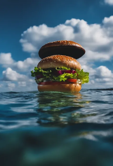 hamburguer, ilha flutuante, Blue sky with clouds, cinematic UHD