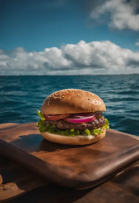 hamburguer, ilha flutuante, Blue sky with clouds, cinematic UHD