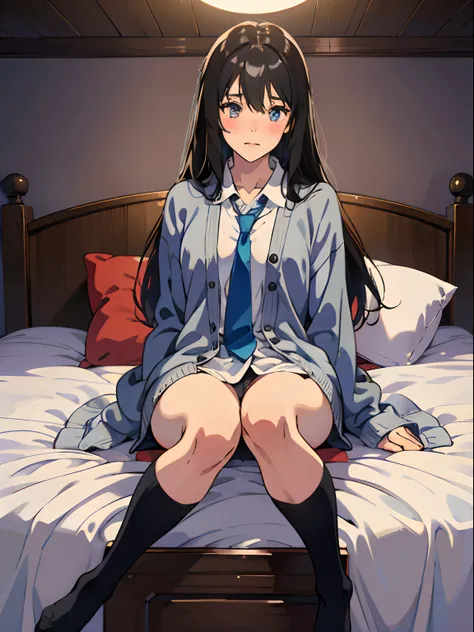 hight resolution、cute little、Amazing beautiful girl,female high-school student、 Anime style, 、17 age、on the bed、A dark-haired、Glamour、Colossal tits、de pele branca、wide-open legs、Very embarrassing、red blush。 Best Quality , Textured skin、 high details, High ...