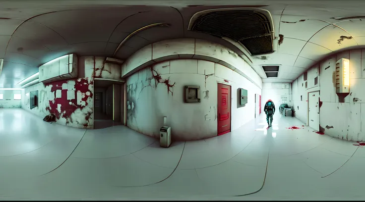 Two people standing in a room，There was blood on the floor, Arte conceptual limpio, Arte conceptual de Resident Evil Virus, Sci-fi horror setting, Science fiction setting, Arte conceptual del juego FPS, Interior of the room in area 55, Dentro de una base m...