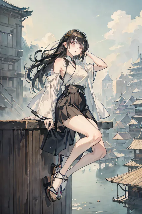 hinata hyuga, a beautiful young woman, dark hair, silver eyes, pale skin, has short wavy hair, wear barret on her head, wear bloues with short sleeve for upper clothe, wear 3/4 long skirt for under clothe, wear wedges on foot, modern fashion, building for ...