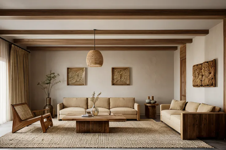 wabi-sabi livingroom interior, wabi-sabi interior style, design tends to be minimalist, (muted tones of beige, gray, brown, and ...