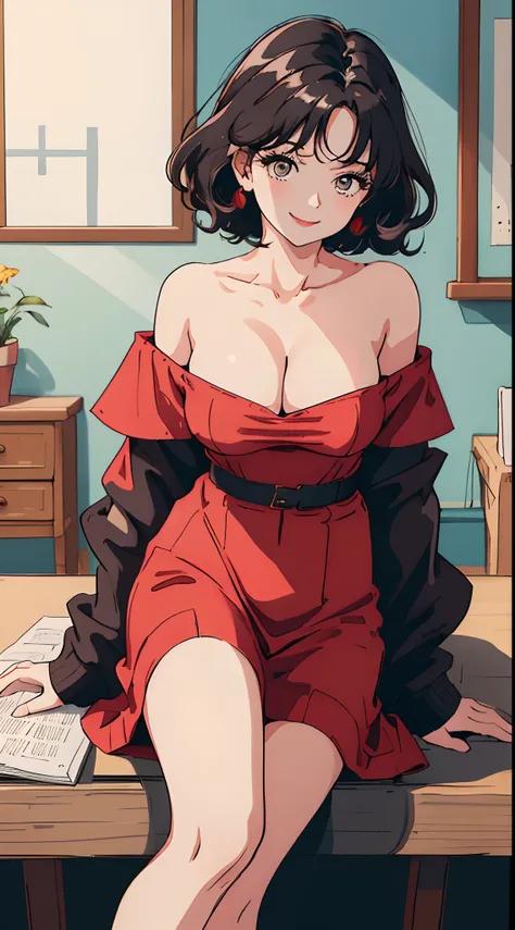 (Best quality, Masterpiece, A high resolution),1girll，nakeness，naked leg，underdressing，比基尼,Close-up shot，Super large breasts，Off-the-shoulder attire，cleavage，Solo,Short hair,Wavy hair,Smile,