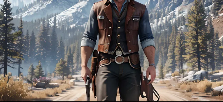 /imagine: Arthur Morgan characters from the game Red Dead Redemption 2, game landscape in the background, insanely detailed skin, high resolution, high sharpness, best quality, photographic quality, 8k, realism, wild west, full body