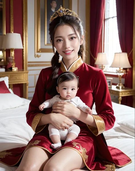 ((((Baby and Daughter,Young lady holding baby in her arms,Young lady holding baby))))(((Expensive VIP room in a gorgeous royal family,Princess Room,The most gorgeous room,Sit on the kings bed,Luxuriously furnished beds,Sit on the most gorgeous bed,Complete...