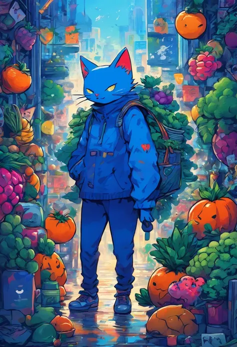 There is a cute kitten man in Coton, Stand among fresh fruits and vegetables, Wearing a cape, Handheld watering can and shield, Mrs. Rough Line Art. Graffiti and Keith Haring, Klein Blue, stick figures, zora々Right, Cute, an anthropomorphic turtle, doodle, ...