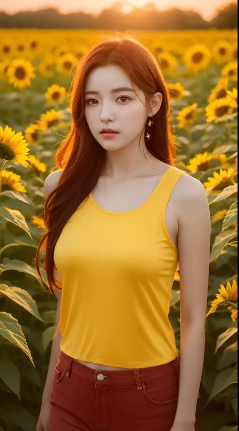 Realistic photos of (1 cute Korean star) red flipped hair, thin makeup, 32 inch breasts size,wearing yellow tank top, pants, standing in the sunflower field, sunset light, close-up portrait, UHD