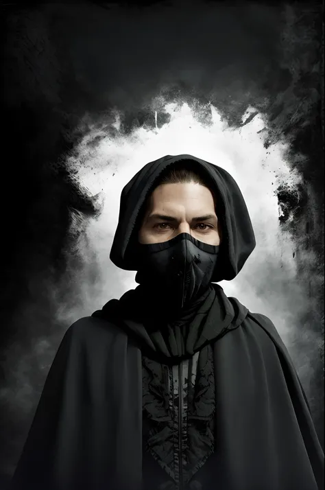 arafed man with a black scarf covering his face, face is wrapped in a black scarf, dark portrait, wrapped in a black scarf, dark photo, nicolas delort, white man with black fabric mask, wrapped in black, vantablack cape, darksynth character portrait, eric ...