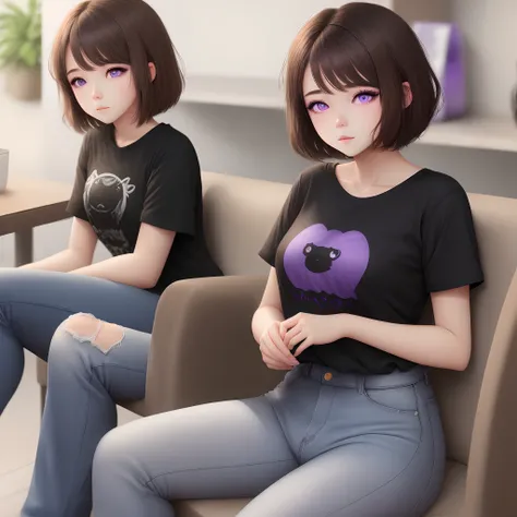 Girl, brown hair,  short hair, purple eyes, sleppy eyes, wear black shirt,  black jeans .