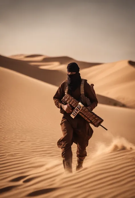 terrorists in the desert marching through sand dunes, holding giant snickers bars instead of rifles